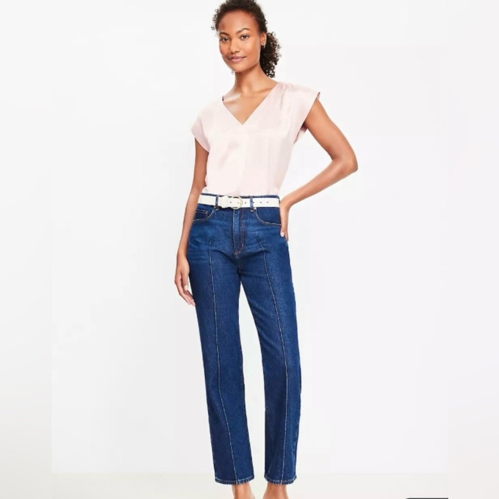 LOFT Petite Dark Blue Pin-tuck Straight Leg Jeans